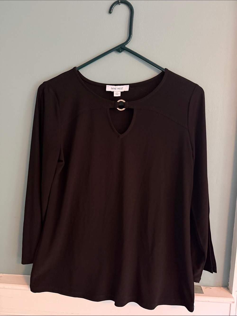Nine West Black Long-Sleeve Keyhole Top with Ring Accent